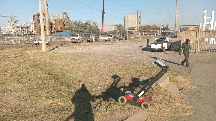 A ground penetrating radar cart at an industrial site